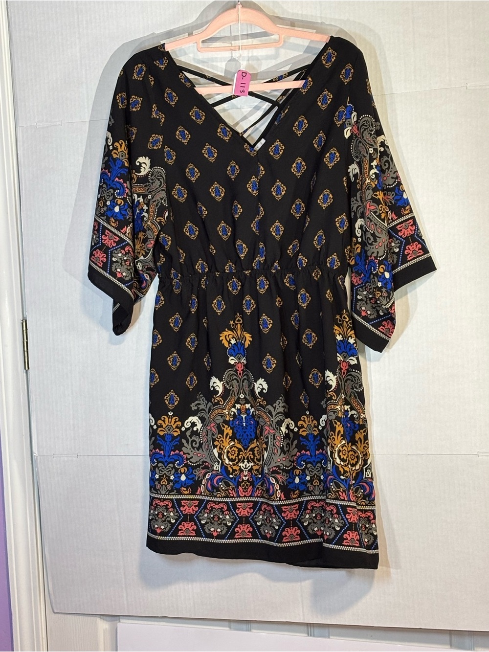 Black Boho Printed V-Neck Dress with Blue & Gold Accents